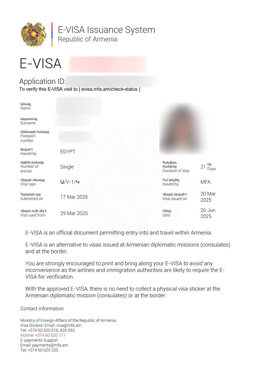 Armenia eVisa sample